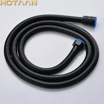 Modern black stainless steel flexible shower hose with black corrugated design and blue accented hotaan connectors
