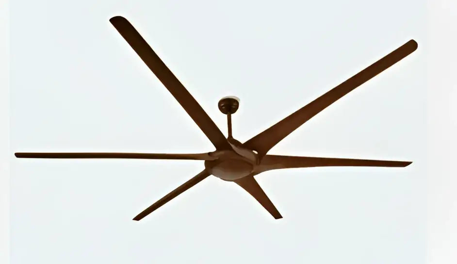 Bronze large ceiling fan with six slender blades and central motor housing in modern black stainless steel design for living room