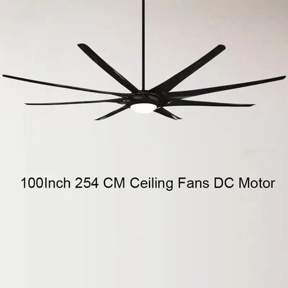 Modern black stainless steel large ceiling fan with sleek blades and central light fixture for living room use