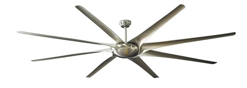 Modern black stainless steel large ceiling fan with eight sleek metallic blades and brushed nickel finish for living room use