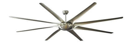Modern black stainless steel large ceiling fan with eight sleek metallic blades and brushed nickel finish for living room use