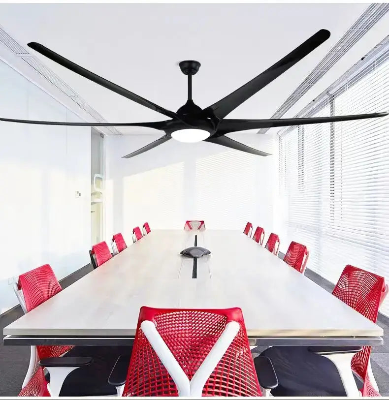 Modern black stainless steel large ceiling fan with sleek blades and integrated lighting for living room use