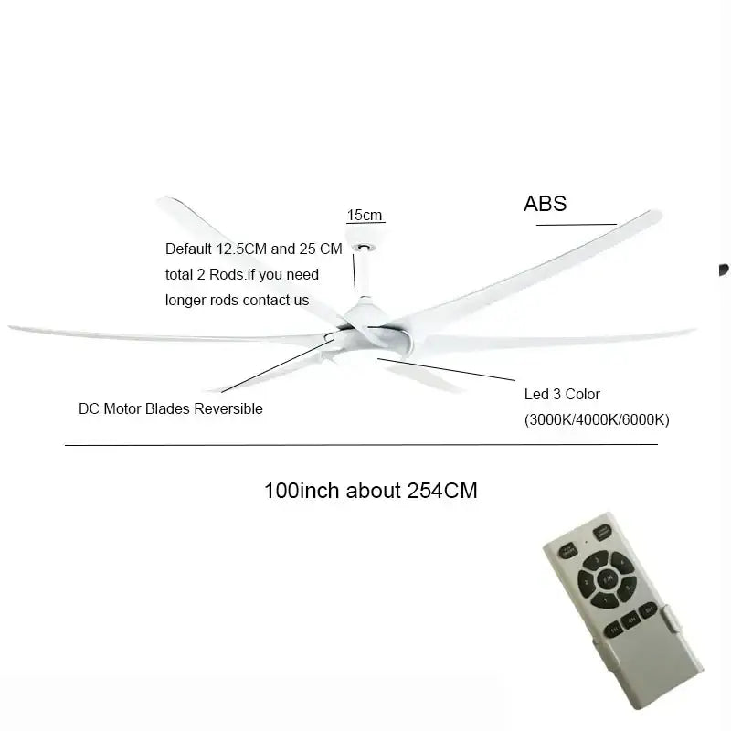 Modern black stainless steel large ceiling fan with white abs three led blades offering 3000k 4000k and 6000k color temperatures