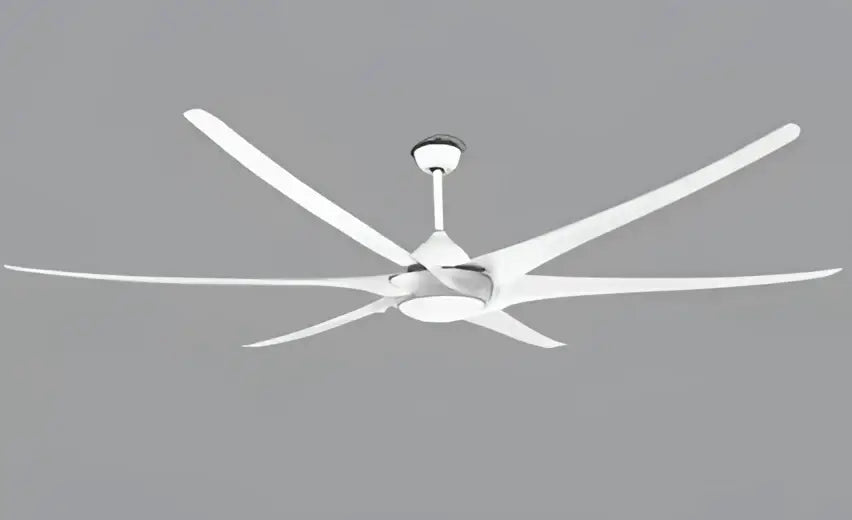 White modern ceiling fan with five sleek blades and central light fixture for large ceiling living room use