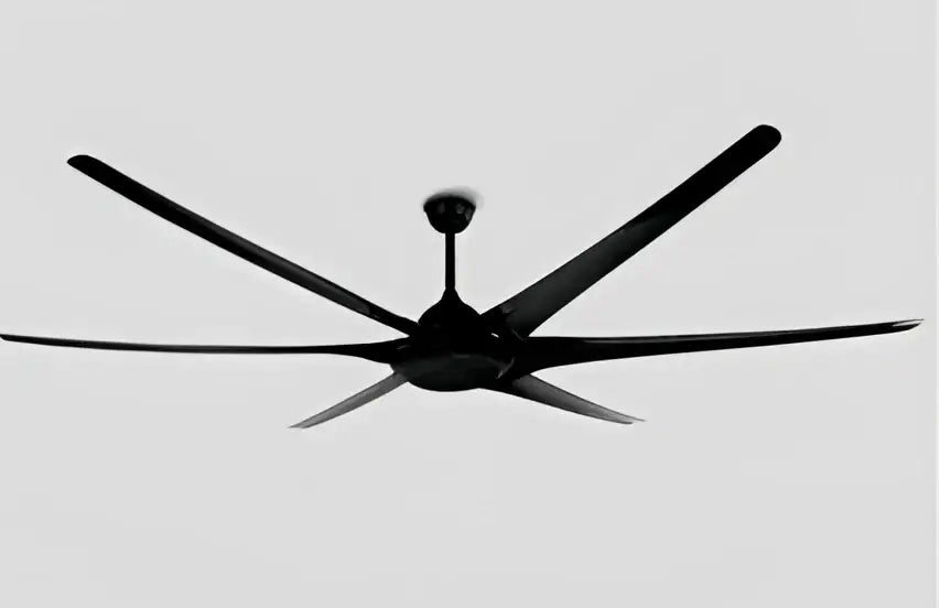 Modern black stainless steel large ceiling fan with sleek blades and central hub for living room use