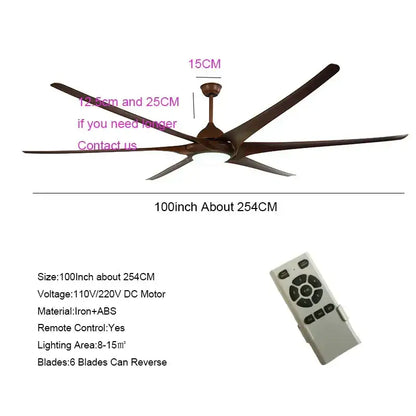 A sleek 100-inch modern black stainless steel large ceiling fan with six dark bronze blades and integrated light fixture
