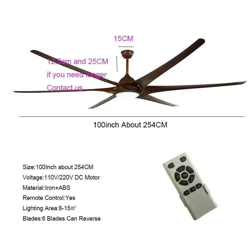 A sleek 100-inch modern black stainless steel large ceiling fan with six dark bronze blades and integrated light fixture