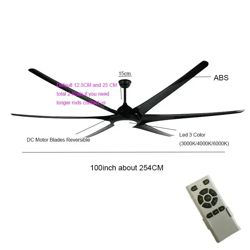Modern black stainless steel large ceiling fan with sleek blades and led lighting for living room use