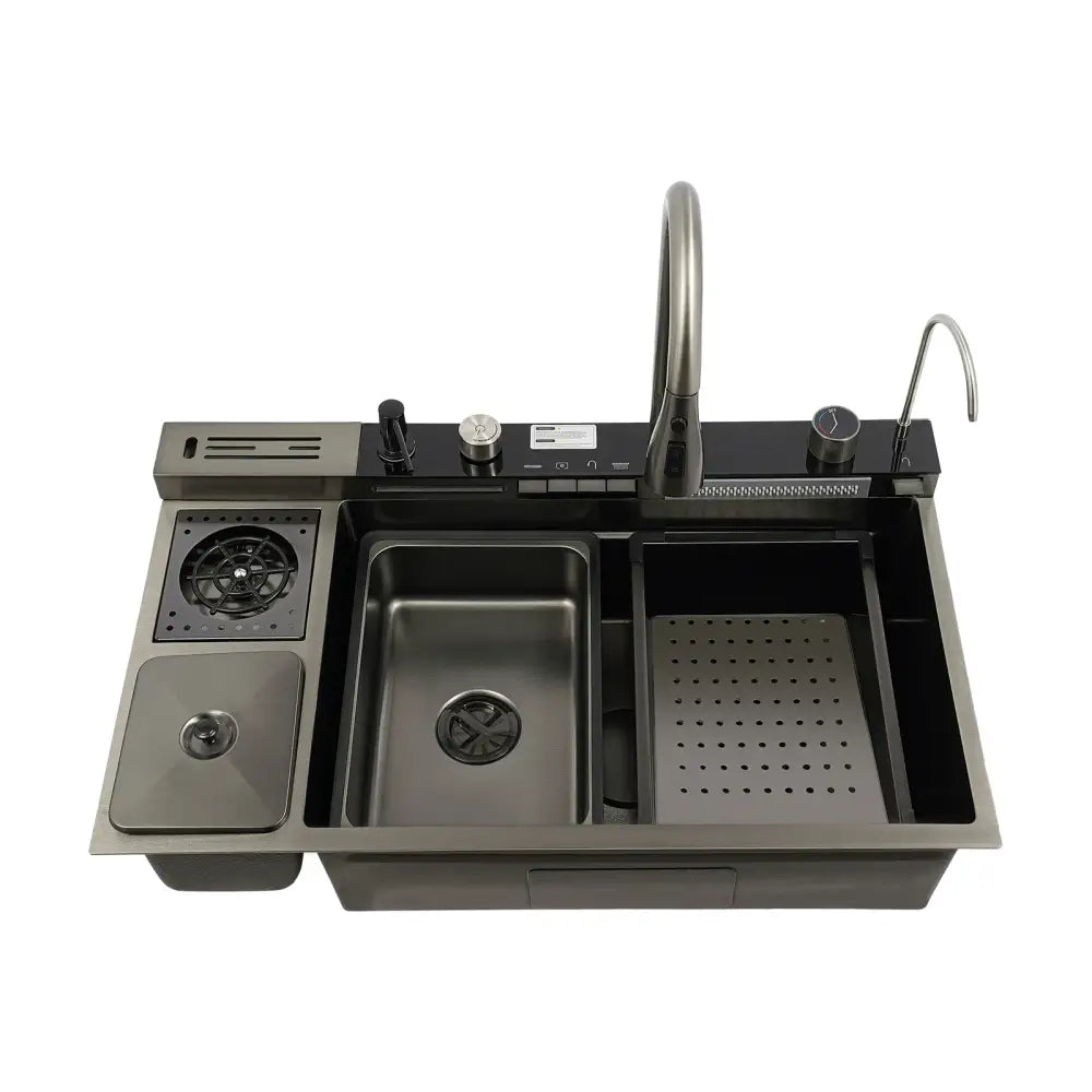 Modern black stainless steel single bowl sink with integrated cooktop and faucet for kitchen use