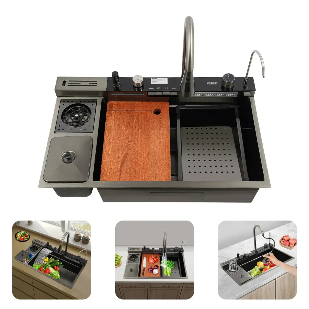 Modern black stainless steel single bowl kitchen sink with integrated wooden cutting board and perforated metal drainboard