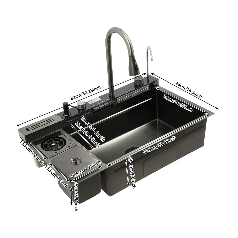 Modern black stainless steel single bowl undermount kitchen sink with integrated cooktop and faucet set