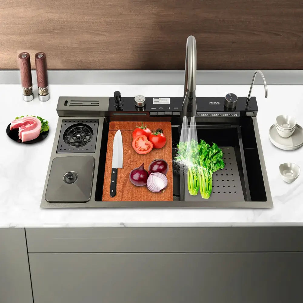 Modern black stainless steel single bowl kitchen sink with integrated cooktop and cutting board including faucet