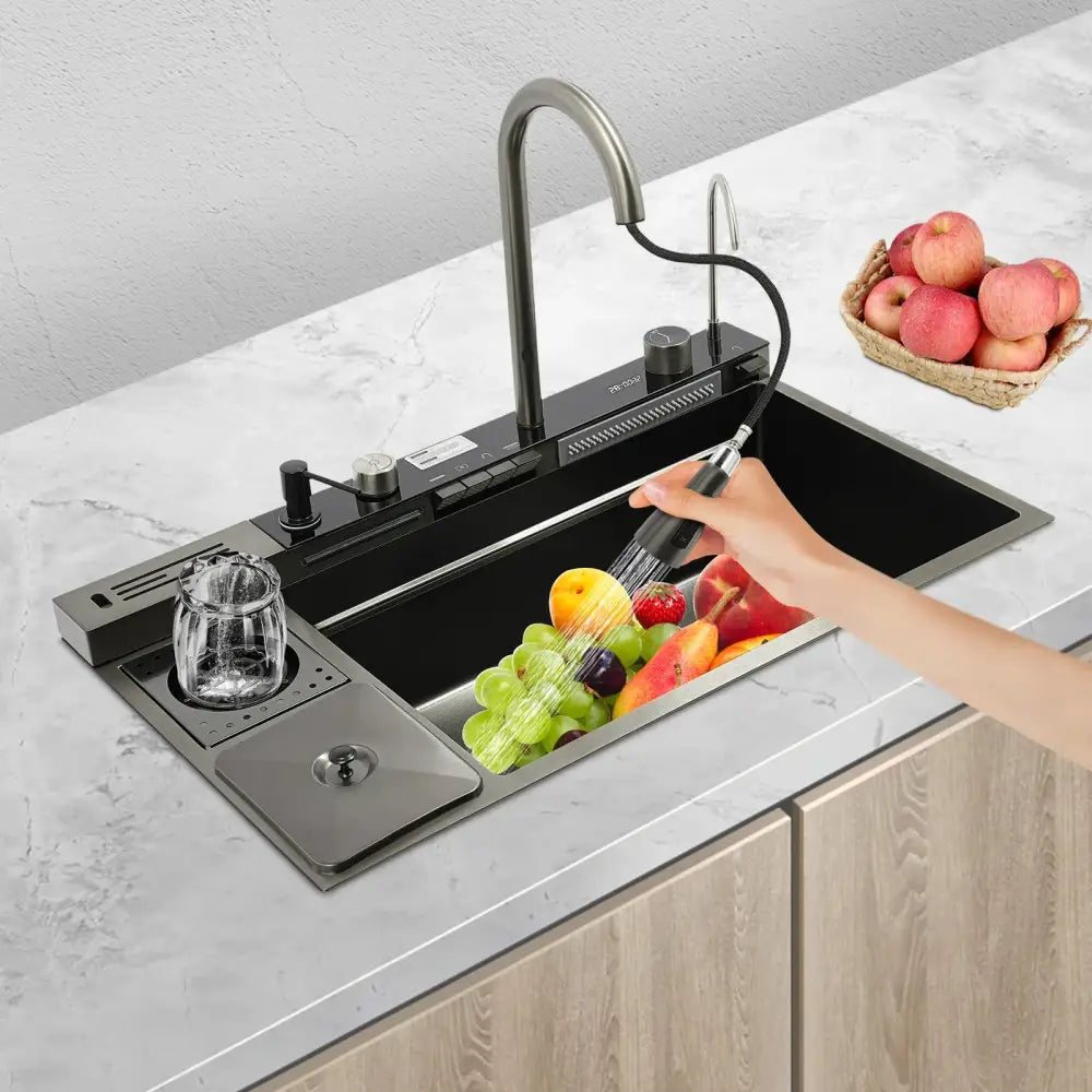 Modern black stainless steel single bowl kitchen sink with sleek faucet and built-in water filtration system