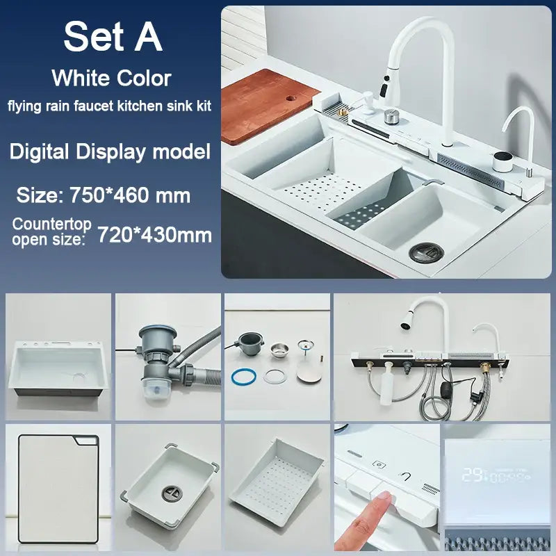 Modern black stainless steel waterfall kitchen sink with white digital display, flying rain faucet, and integrated drainboard