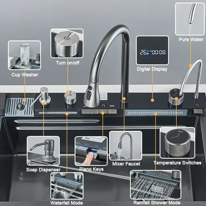 Modern black stainless steel waterfall kitchen sink with digital display - Decorbites