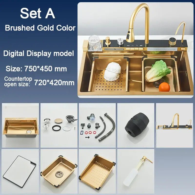 Modern black stainless steel waterfall kitchen sink with digital display - Decorbites