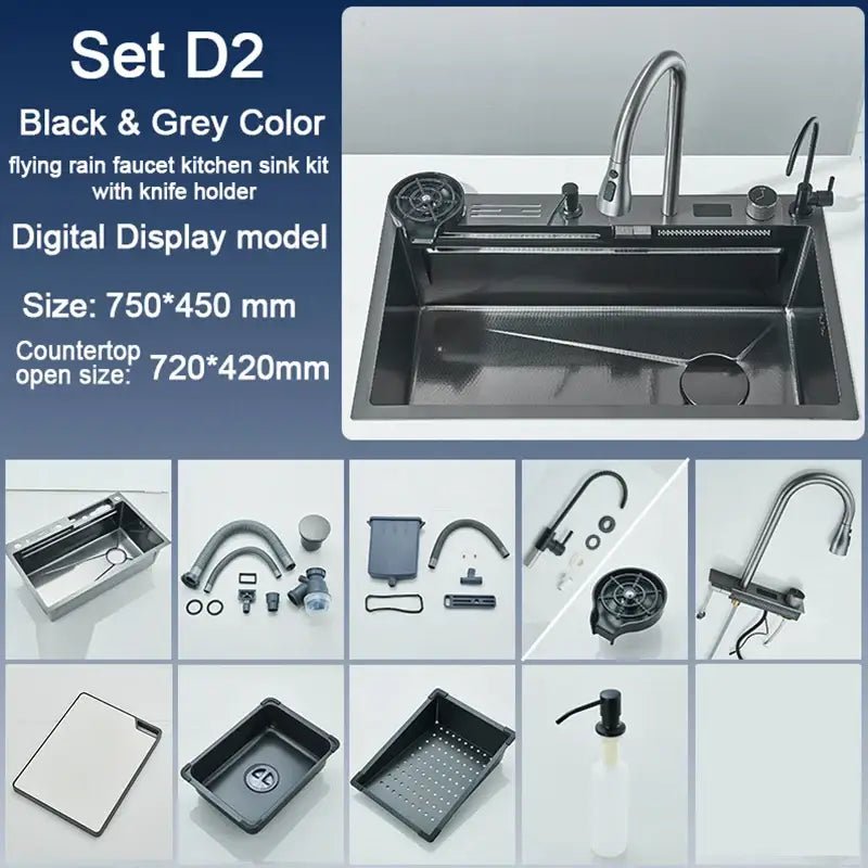 Modern black stainless steel waterfall kitchen sink with digital display - Decorbites