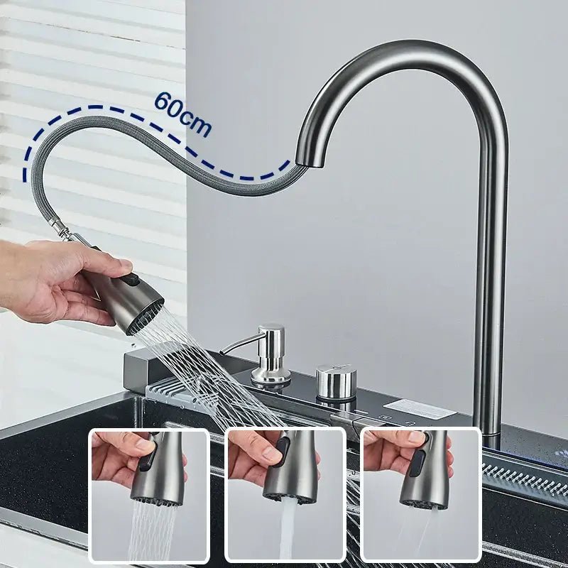 Modern black stainless steel waterfall kitchen sink with digital display - Decorbites
