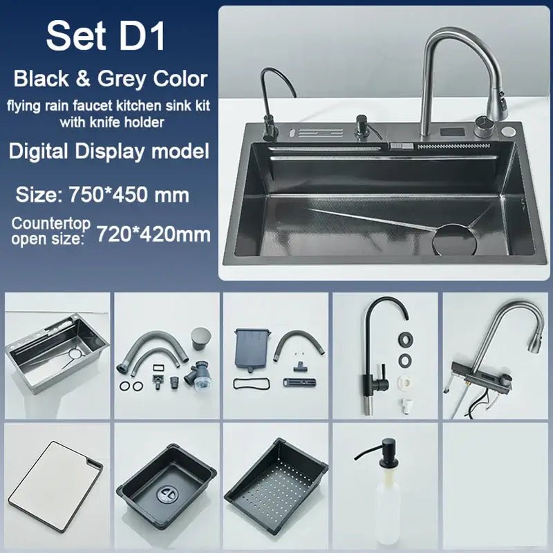 Modern black stainless steel waterfall kitchen sink with digital display - Decorbites