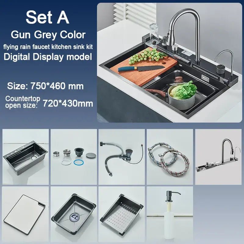Modern black stainless steel waterfall kitchen sink with digital display - Decorbites