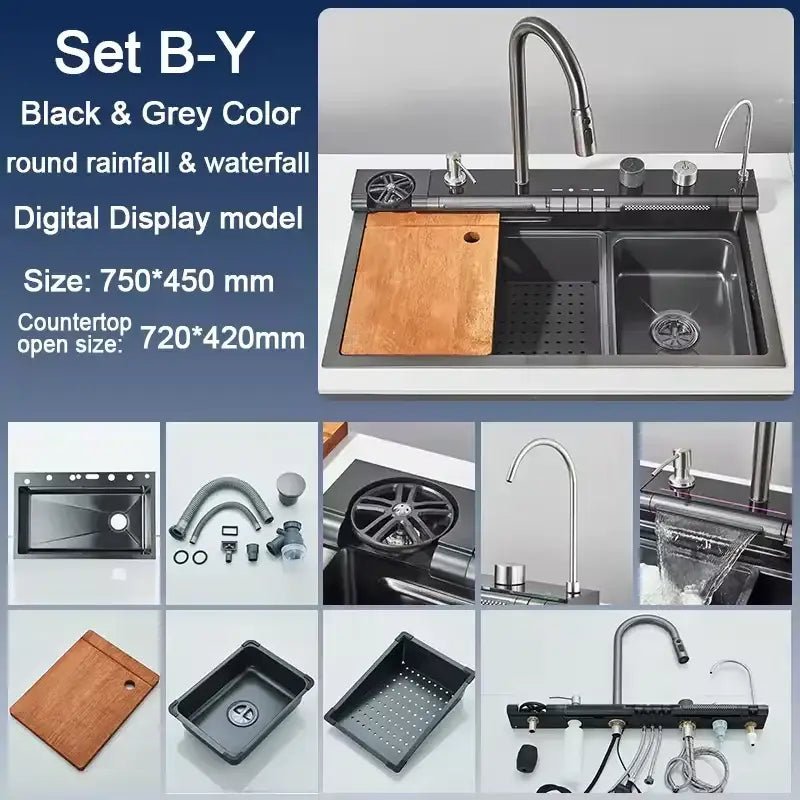 Modern black stainless steel waterfall kitchen sink with digital display - Decorbites