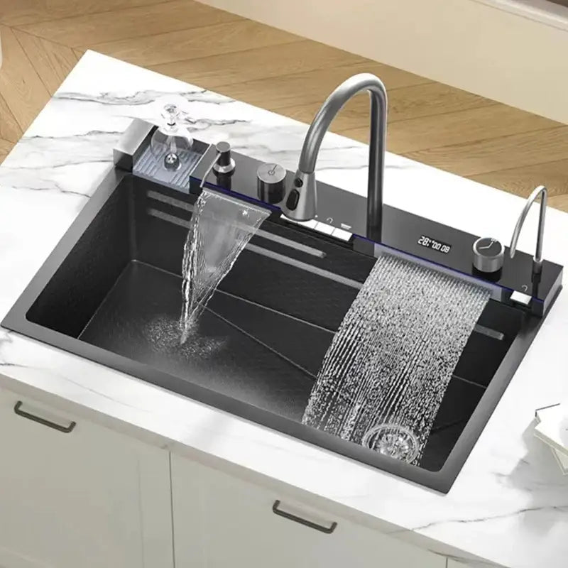 Modern black stainless steel waterfall kitchen sink with digital display - Decorbites
