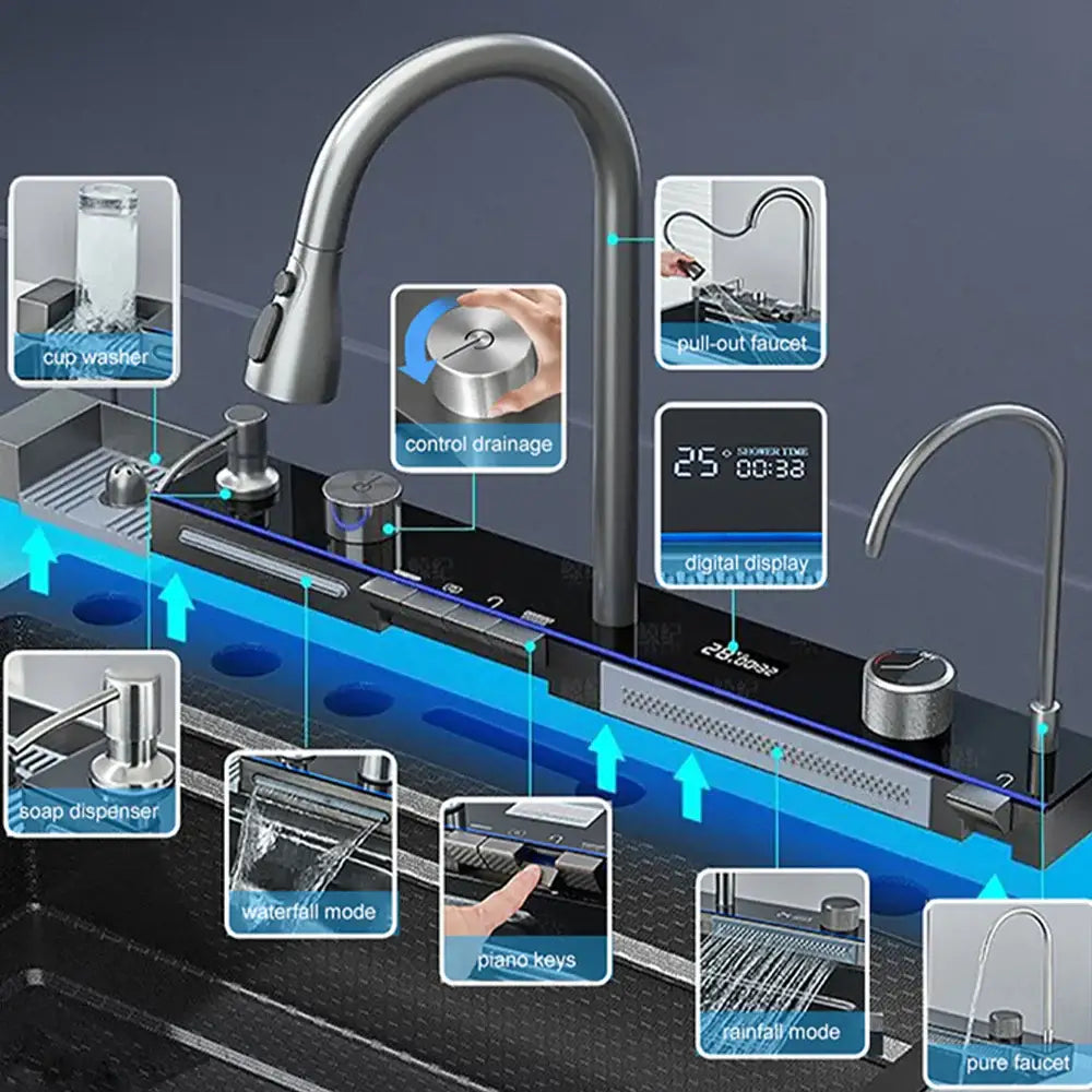 Modern black stainless steel waterfall kitchen sink with stainless steel faucet pull-out spray and digital shower control display