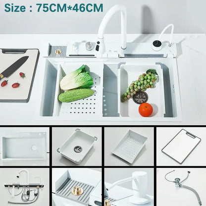 Modern black stainless steel waterfall sink for kitchen with display - Decorbites