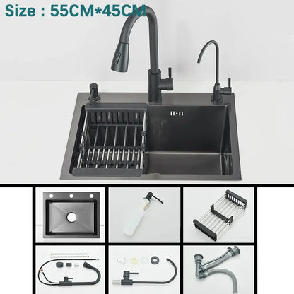 Modern black stainless steel kitchen sink with matte finish waterfall design integrated pull-out faucet and side dispenser