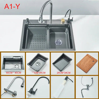 Modern black stainless steel waterfall sink with double basin and matte finish featuring a curved gooseneck faucet
