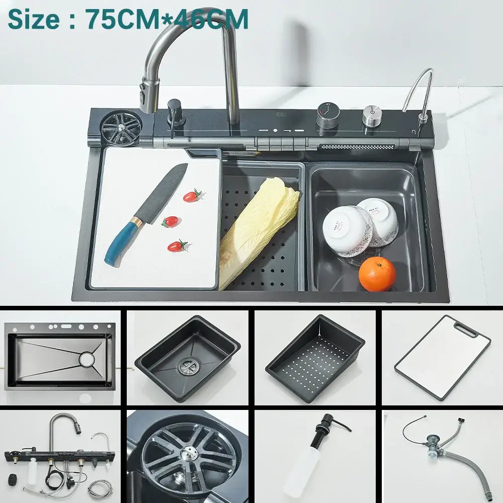 Modern black stainless steel double-basin waterfall kitchen sink with integrated faucet and control knobs