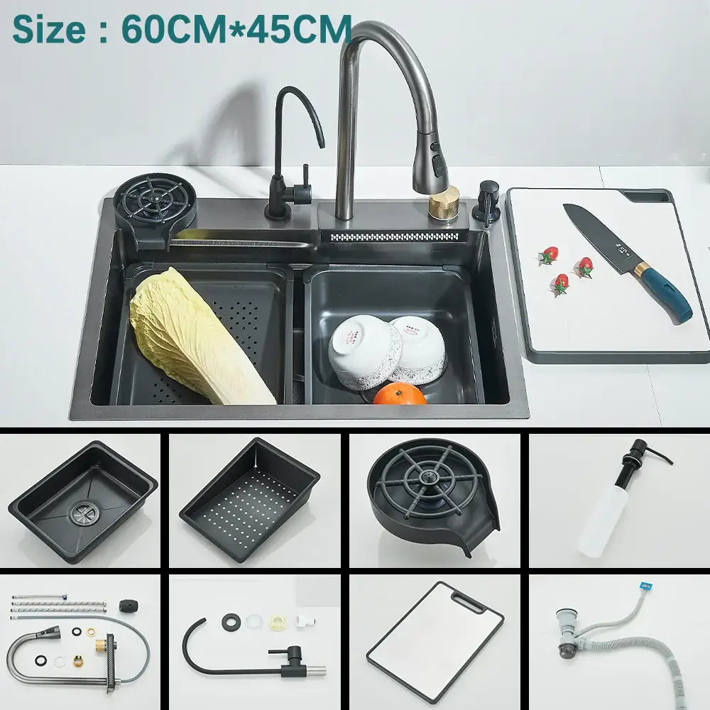 Modern black stainless steel double-basin kitchen sink with integrated faucet and drain assembly for daily use