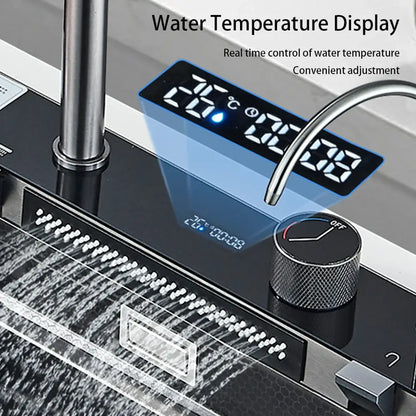 Modern black stainless steel waterfall sink for kitchen with digital water temperature display and silver control knob