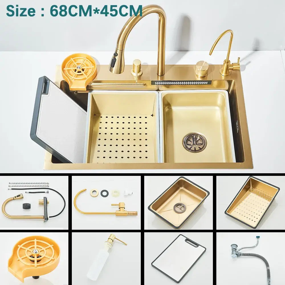Modern black stainless steel waterfall kitchen sink with gold-colored double basin and integrated faucet