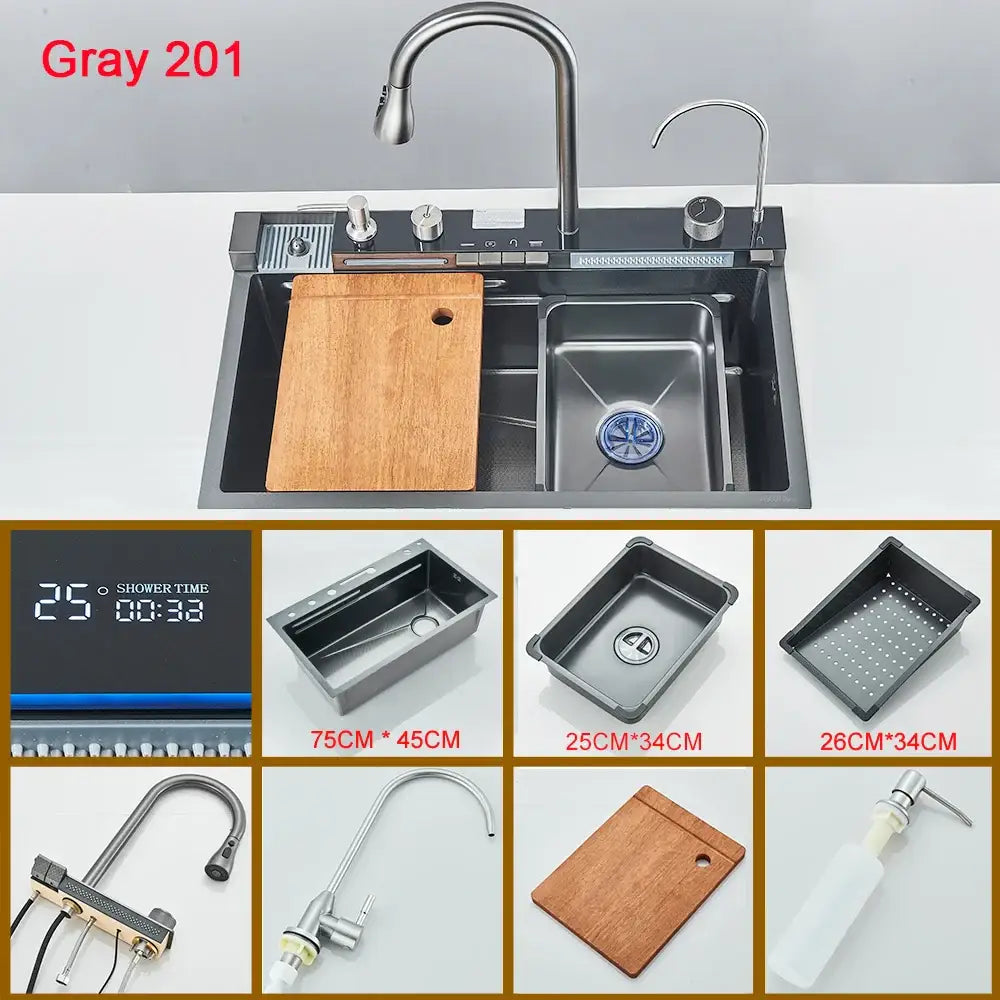 Gray 201 stainless steel double-basin kitchen sink with a modern curved faucet and integrated cutting board.