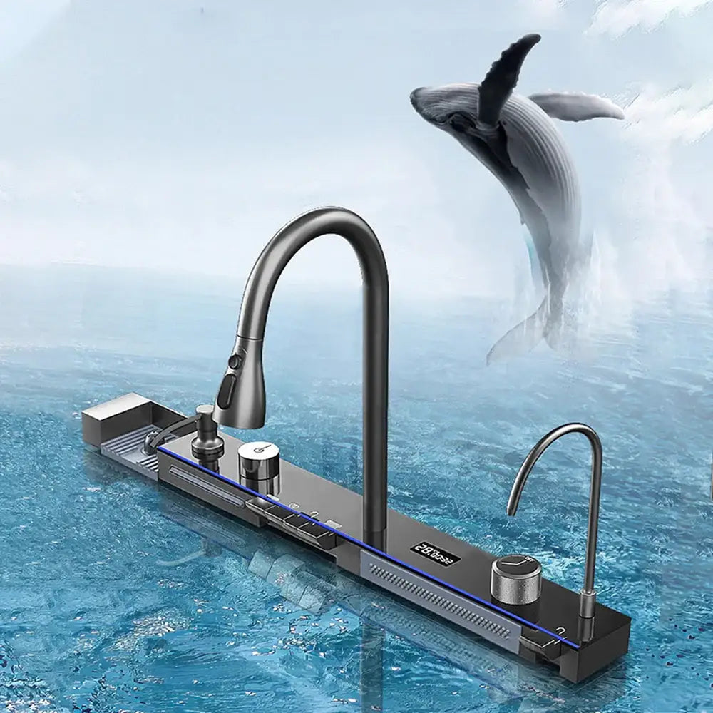 Modern black stainless steel waterfall kitchen sink faucet with sleek curved spout and digital display panel
