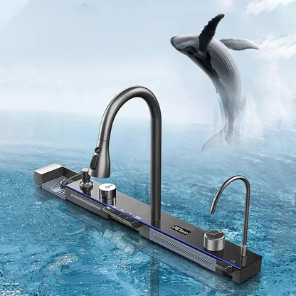 Modern black stainless steel waterfall kitchen sink faucet with sleek curved spout and digital display panel