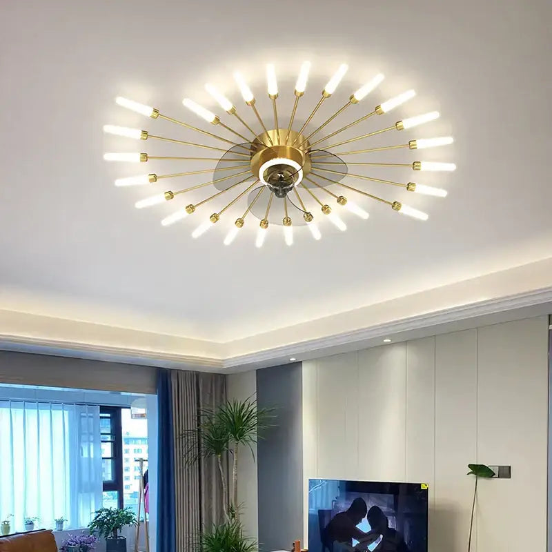 Modern black starburst chandelier ceiling fan with gold-toned slender arms and frosted glass bulbs for living room use