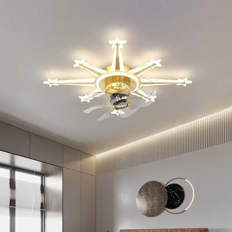 Modern black starburst chandelier ceiling fan with gold star-shaped integrated led lights and transparent blades for living room
