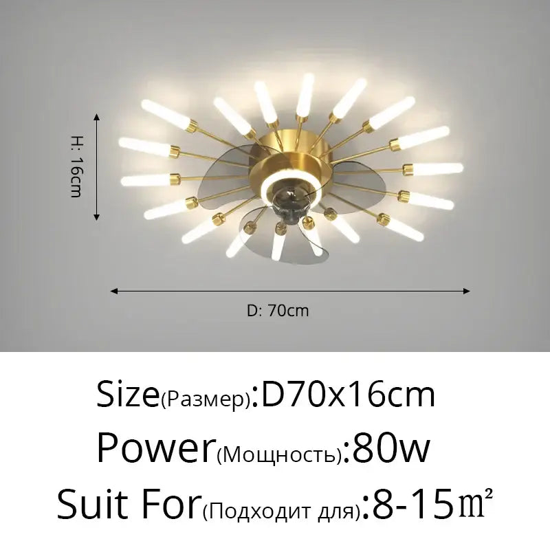 Gold finished modern chandelier ceiling fan with white led bulbs radiating from a central hub for living room use