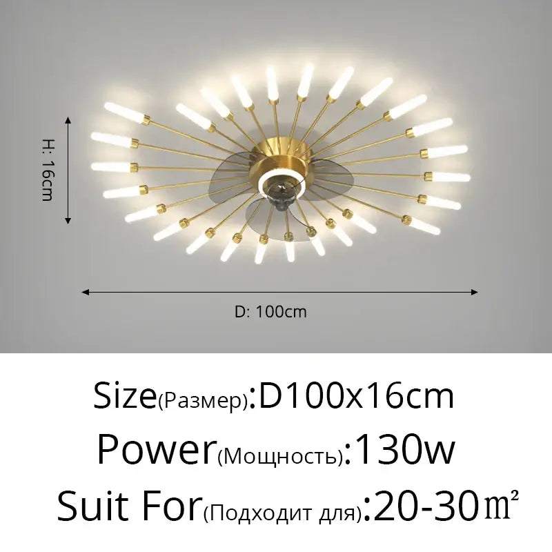 Modern black starburst chandelier ceiling fan with gold-toned fixture and white cylindrical bulbs for living room ceiling fan