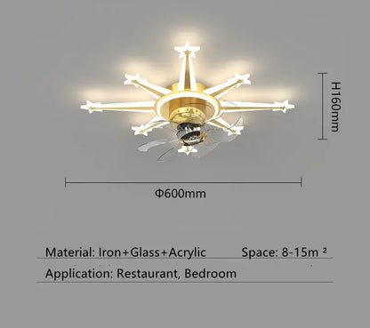 Modern black starburst chandelier ceiling fan with gold-toned iron, glass, and acrylic materials for living room use