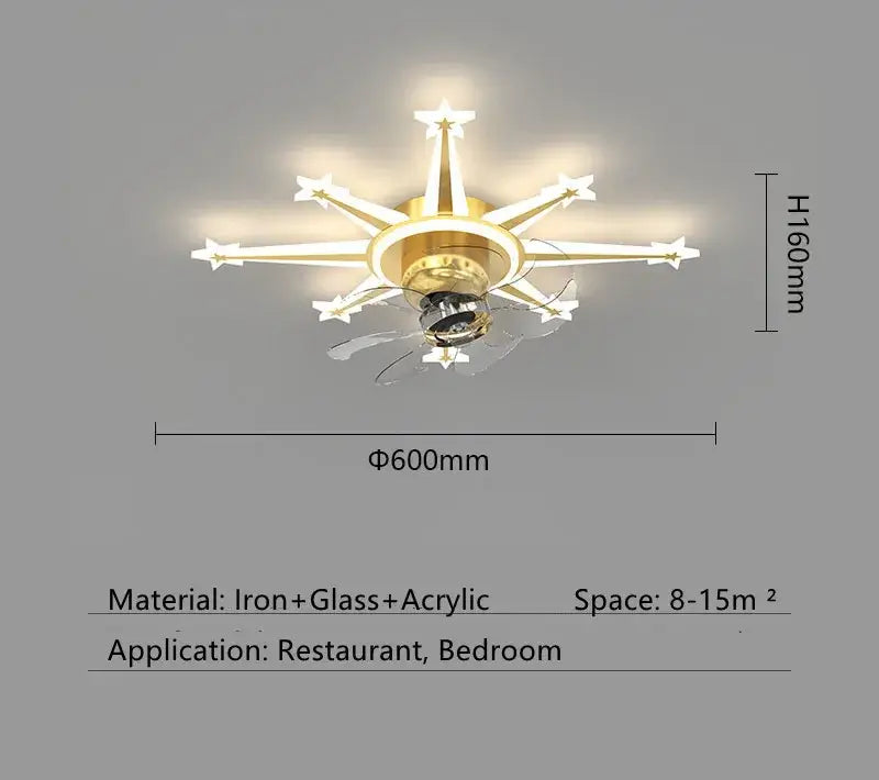 Modern black starburst chandelier ceiling fan with gold-toned iron, glass, and acrylic materials for living room use