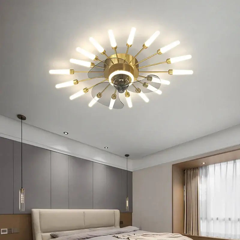 Modern black starburst chandelier ceiling fan with gold-toned fixture and frosted glass rods for living room ceiling fan