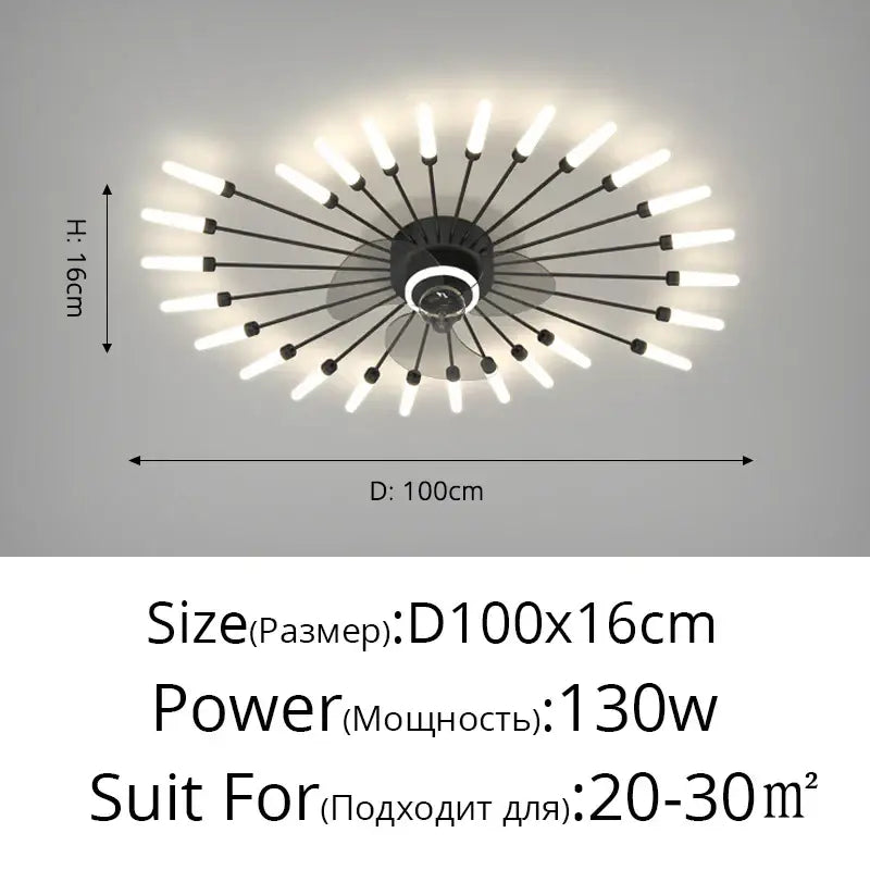 Modern black starburst chandelier ceiling fan with multiple white LED bulbs radiating from a circular base for living room