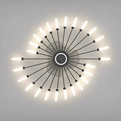 Modern black starburst chandelier ceiling fan with circular center and led bulbs for living room lighting