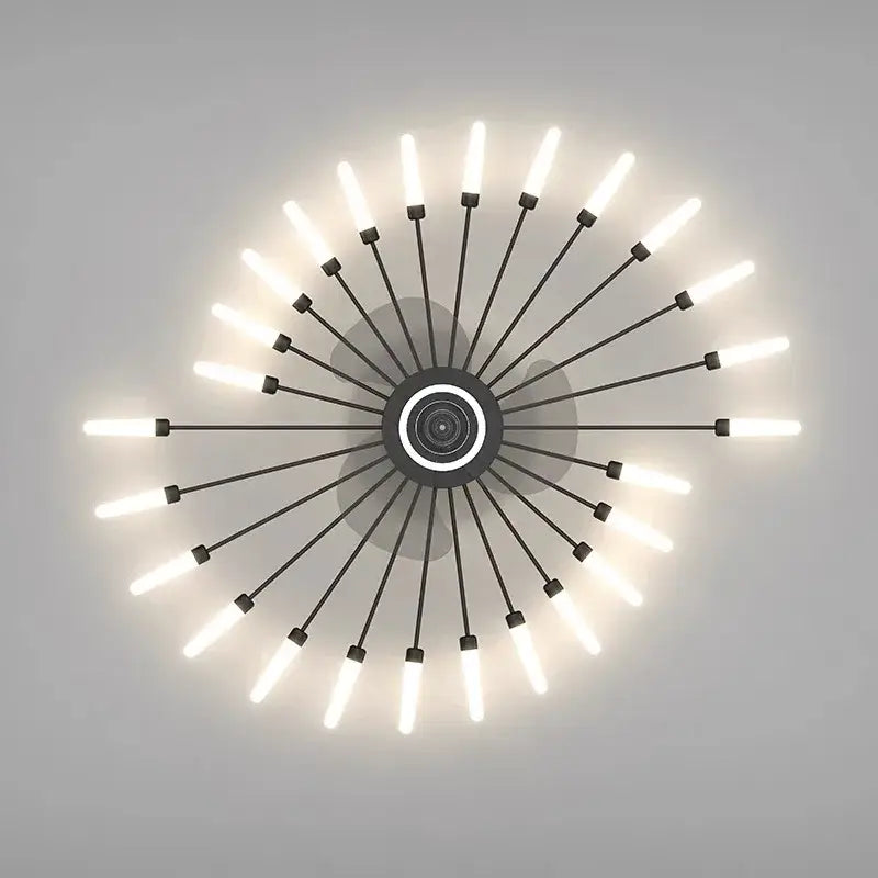 Modern black starburst chandelier ceiling fan with circular center and led bulbs for living room lighting