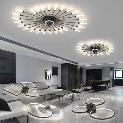Modern black starburst chandelier ceiling fan with multiple glowing white led bulbs for living room lighting