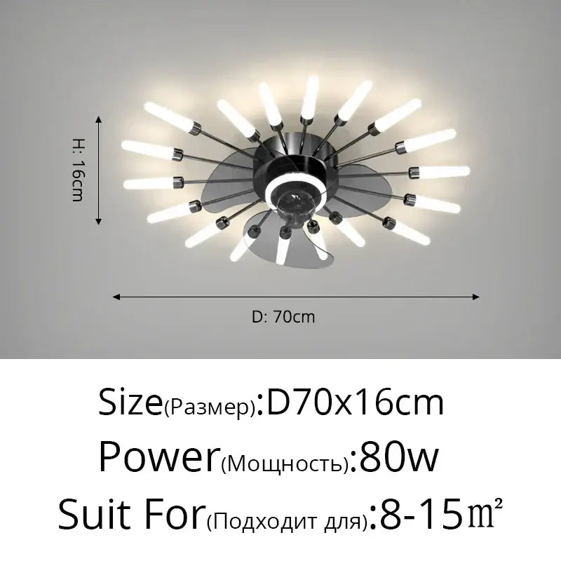 Modern black starburst chandelier ceiling fan with multiple white led bulbs for living room lighting and air circulation