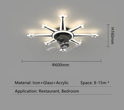 Modern black starburst chandelier ceiling fan with black and white iron, glass, and acrylic arms for living room ceiling fan